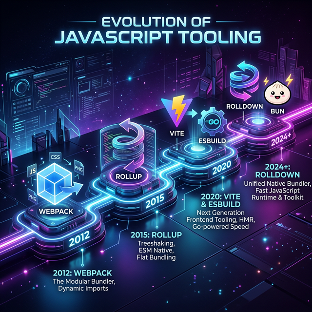 Infografis Garis Waktu Evolusi Tooling JS